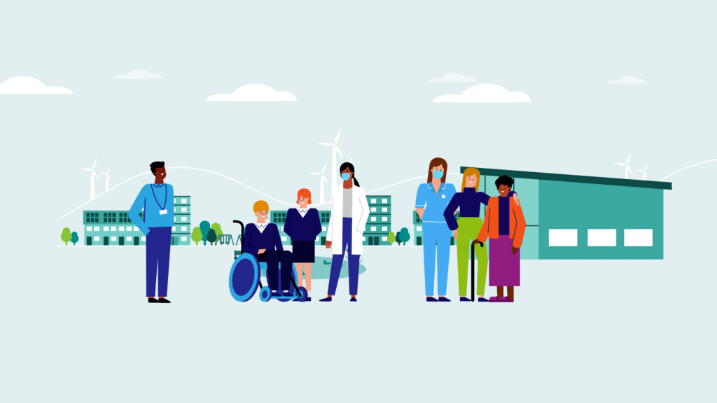 Illustration of a diverse group of people, including healthcare staff, older adults, and a wheelchair user, standing together in a community setting with buildings and wind turbines in the background.