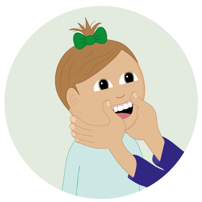 An adult gently lifts the upper lip of a smiling young child to check her upper front teeth. This is part of the "Lift the Lip" oral health assessment used to identify early signs of tooth decay in preschool children.