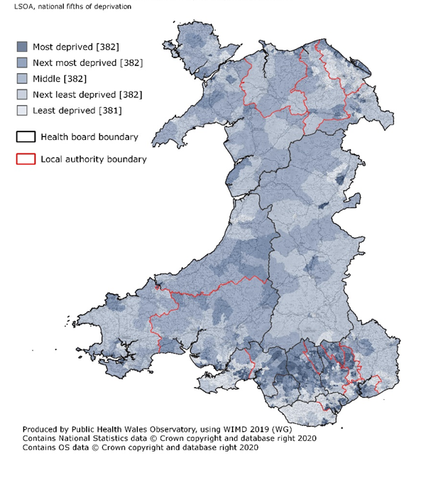 Map of Wales indicating areas of deprivation