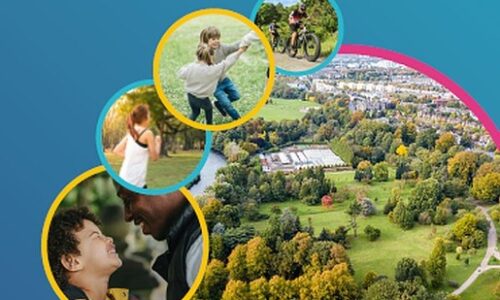 Pobl hapus a chyfeillgar; yn gwenu, yn loncian, yn beicio ac yn dawnsio ym myd natur. Happy and friendly people; smiling, jogging, biking and dancing in nature