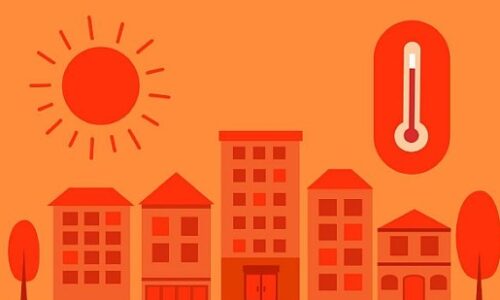 Tai, adeiladau a choed wedi’u darlunio. Haul a thermomedr. Illustrated houses, buildings and tree's. A sun and a thermometer