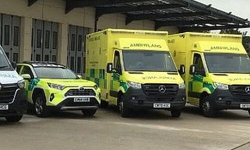 Ambiwlansys wedi’u parcio wrth fae llwytho. Ambulances parked at loading bay
