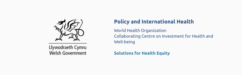 Outline of dragon atop Welsh Government text sitting to the left of text for Policy and International Health directorate, and World Health Organisation Collaborating Centre.