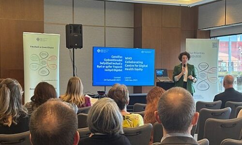 Cyflwynydd yn siarad â thorf o bobl mewn cynhadledd. A presenter talking to a crowd of people at a conference