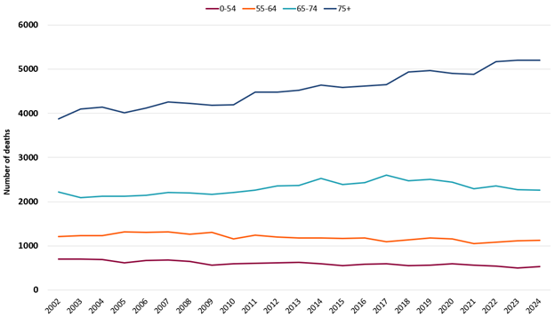 Over half of all cancer deaths in Wales are in people aged 75 and over. This has been steadily rising from 48% in 2002 to 57% in 2024, as the population in Wales becomes more elderly.