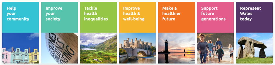 Banner showing key benefits of joining the Time to Talk Public Health group, including helping your community, tackling health inequalities, improving well being and shaping a healthier future for Wales.