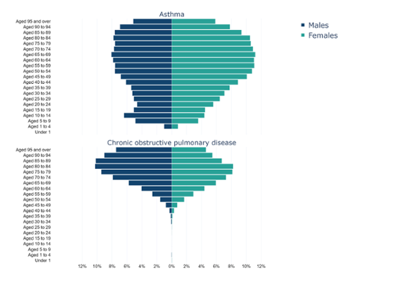 Population pyramid for GP held respiratory disease registers 2023/24