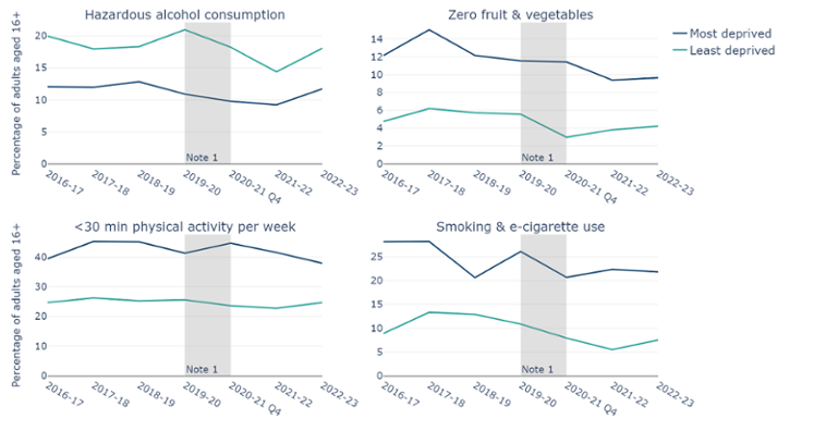 Percentage of adults living in the most and least deprived fifth of areas in Wales reporting unhealthy behaviours