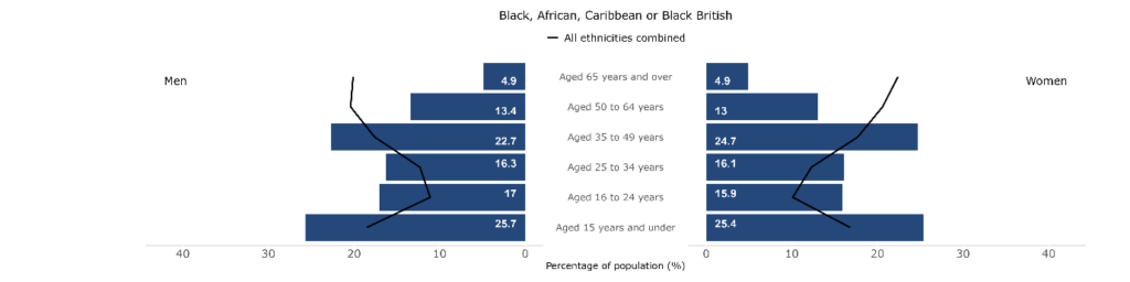 Population breakdowns for each ethnic group analysed by sex and age group in Wales, 2021, Black