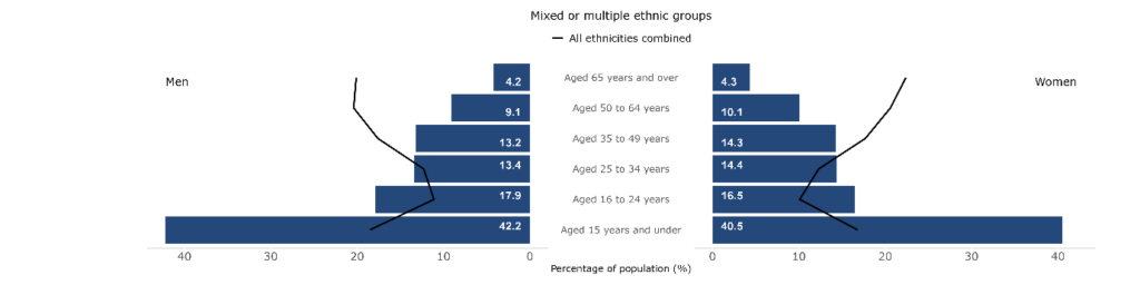 Population breakdowns for each ethnic group analysed by sex and age group in Wales, 2021, Mixed